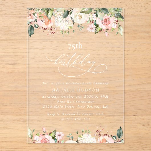 Pink Flowers, White Flowers, Boho, Birthday アクリル招待状 (正面)