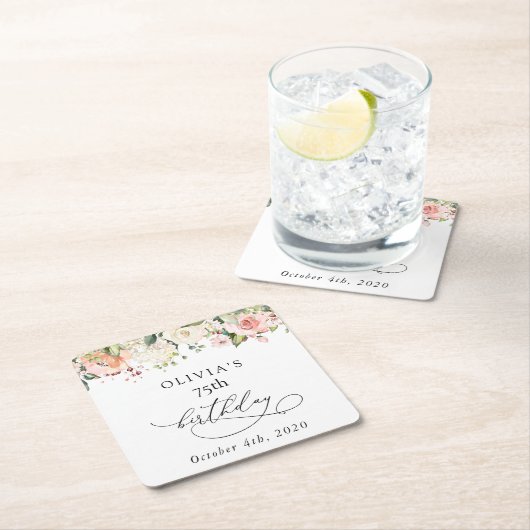 Pink Flowers, White Flowers, Boho, Birthday スクエアペーパーコースター (インサイチュ)