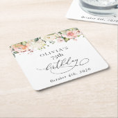Pink Flowers, White Flowers, Boho, Birthday スクエアペーパーコースター (アングル)