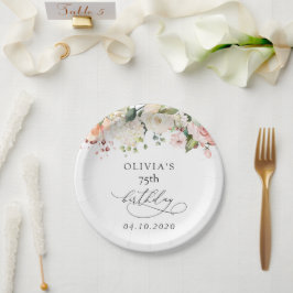 Pink Flowers, White Flowers, Boho, Birthday ペーパープレート