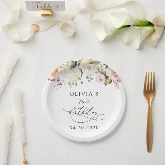 Pink Flowers, White Flowers, Boho, Birthday ペーパープレート (ウェディング)