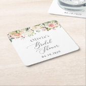 Pink Flowers, White Flowers, Boho, Bridal Shower スクエアペーパーコースター (アングル)