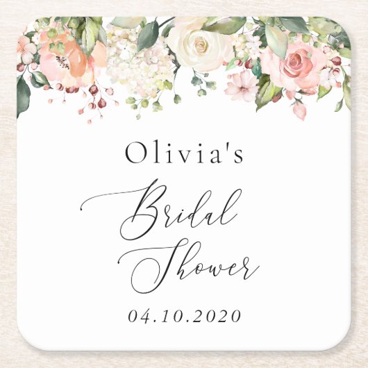Pink Flowers, White Flowers, Boho, Bridal Shower スクエアペーパーコースター (正面)