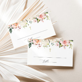 Pink Flowers, White Flowers, Boho, Floral Baptism プレイスカード