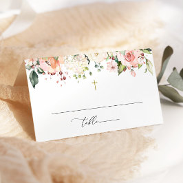 Pink Flowers, White Flowers, Boho, Floral Baptism プレイスカード