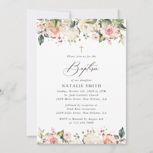 Pink Flowers, White Flowers, Boho, Floral Baptism 招待状 (正面)