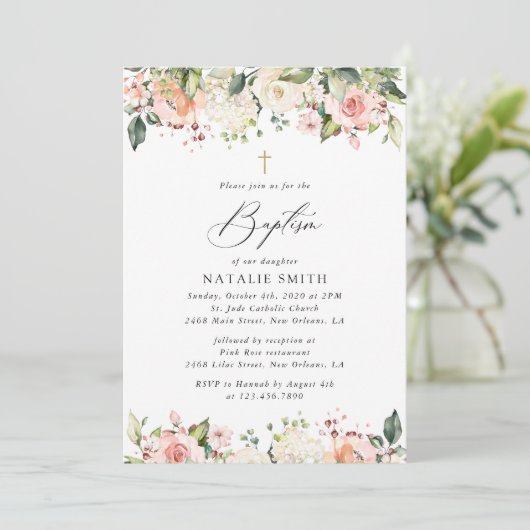 Pink Flowers, White Flowers, Boho, Floral Baptism 招待状 (スタンド正面)