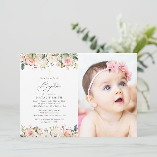 Pink Flowers, White Flowers, Boho, Floral Baptism 招待状 (スタンド正面)