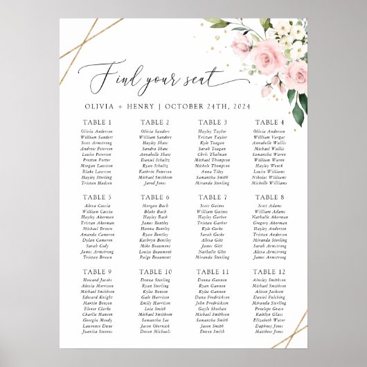 Pink Flowers, White Flowers, Boho, Seating Chart ポスター (正面)