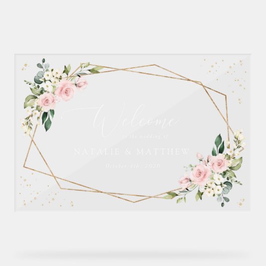 Pink Flowers, White Flowers, Boho, Wedding Welcome アクリルサイン (正面)