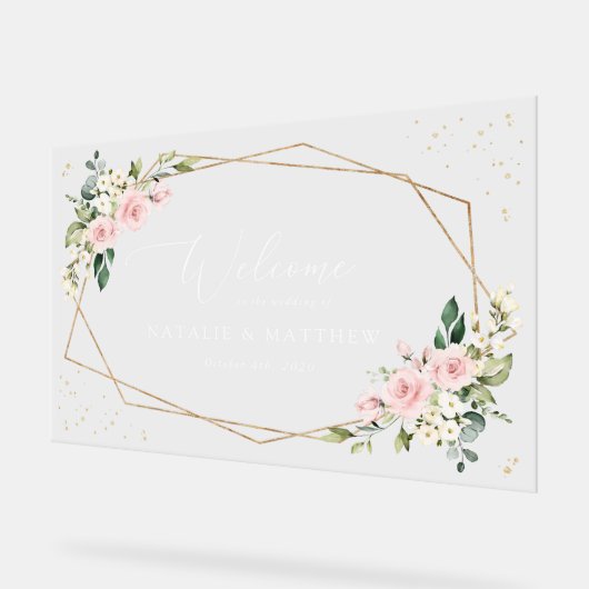 Pink Flowers, White Flowers, Boho, Wedding Welcome アクリルサイン (傾斜)