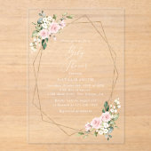 Pink Flowers, White Flowers, Greenery, Baby Shower アクリル招待状 (正面)