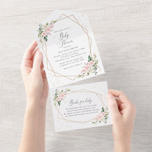 Pink Flowers, White Flowers, Greenery, Baby Shower オールインワン招待状 (貼ってはがせる)