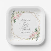 Pink Flowers, White Flowers, Greenery, Baby Shower ペーパープレート (正面)