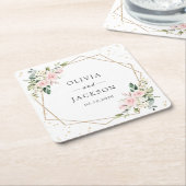 Pink Flowers, White Flowers, Greenery, Wedding スクエアペーパーコースター (アングル)