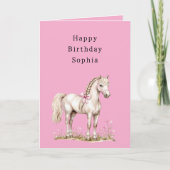 Pink Flowers White Horse Cowgirl Birthday カード (正面)