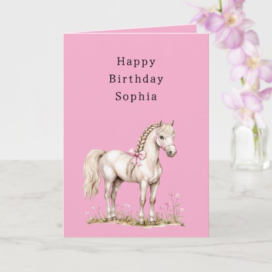 Pink Flowers White Horse Cowgirl Birthday カード (蘭)
