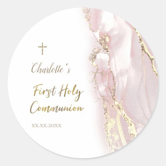 pink fluid marble First Communion ラウンドシール (正面)