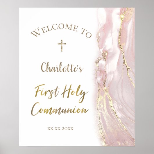 pink fluid marble | First Communion welcome sign ポスター (正面)