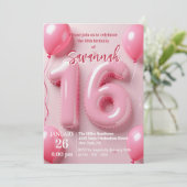 Pink Foil Balloon Typography Sweet 16 Birthday 招待状 (スタンド正面)