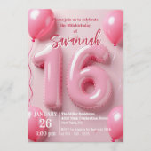 Pink Foil Balloon Typography Sweet 16 Birthday 招待状 (正面)