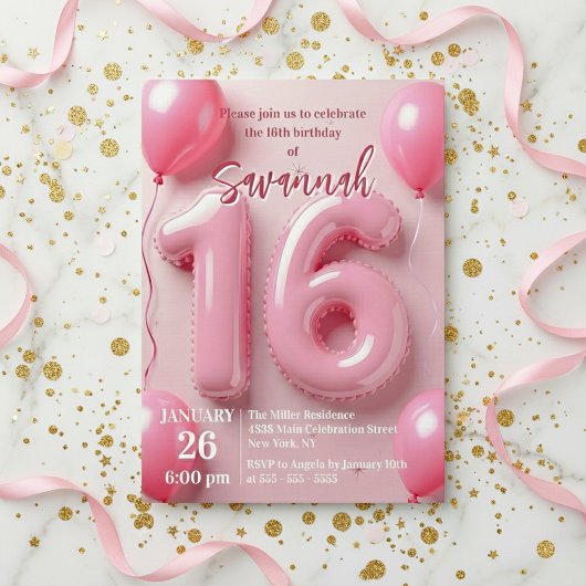 Pink Foil Balloon Typography Sweet 16 Birthday 招待状