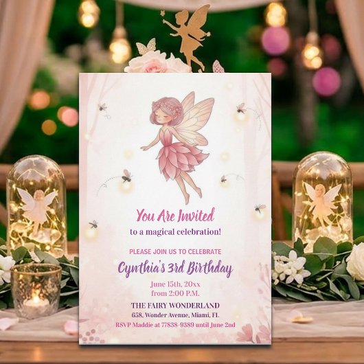 Pink Forest Fairy Fireflies 3rd Birthday Party 招待状