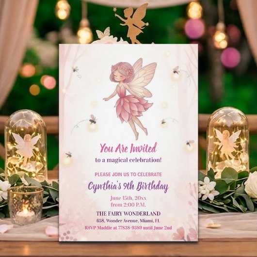 Pink Forest Fairy Fireflies 9th Birthday Party 招待状