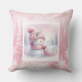 Pink Forest Snowman Bright Winter Scene Cushion クッション (正面)