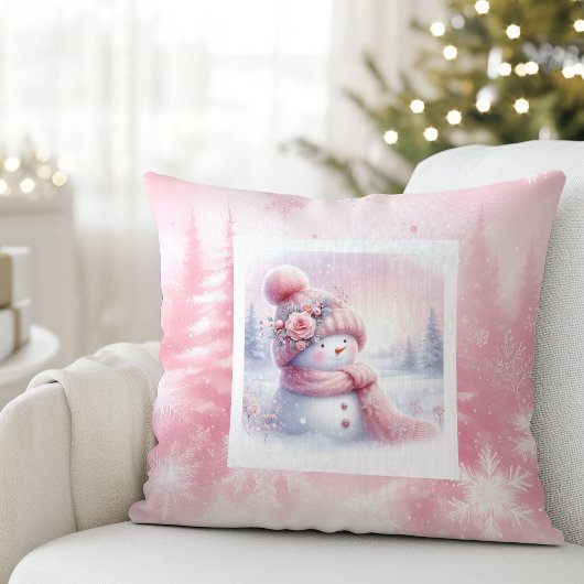 Pink Forest Snowman Bright Winter Scene Cushion クッション