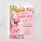 Pink Four Rex On The Loose Fourth Birthday 招待状 (正面)