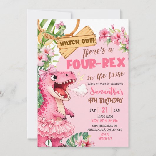 Pink Four Rex On The Loose Fourth Birthday 招待状 (正面)