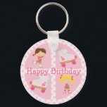 Pink Four Square Rollerskating Birthday キーホルダー<br><div class="desc">A cute and fun roller skating design for the young rollerskaters Birthday with four pink circular squares on the front with a cute picture on each square - two young girls rollerskating and a pair of pink rollerskates. The background has pink polka dots on it to make this one of...</div>