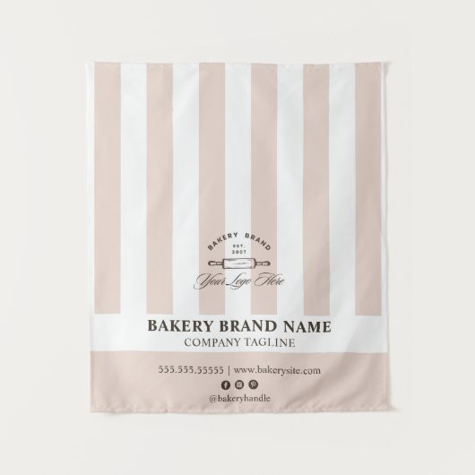Pink French Stripes Bakery Logo Table Runner  タペストリー (正面)