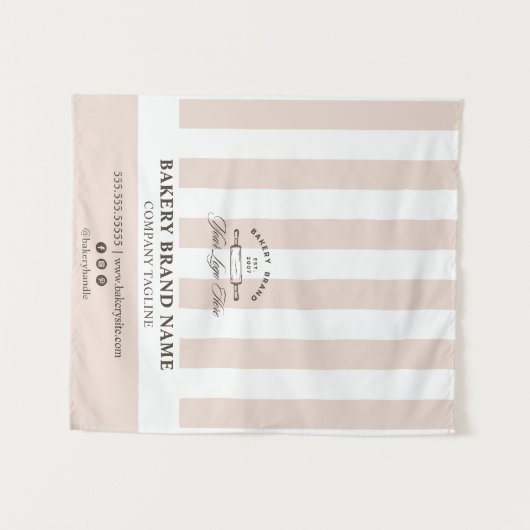 Pink French Stripes Bakery Logo Table Runner  タペストリー (正面(横))