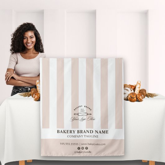 Pink French Stripes Bakery Logo Table Runner タペストリー