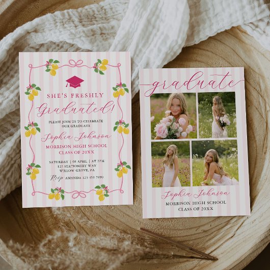 Pink Freshly Lemon Citrus Graduation Party 招待状