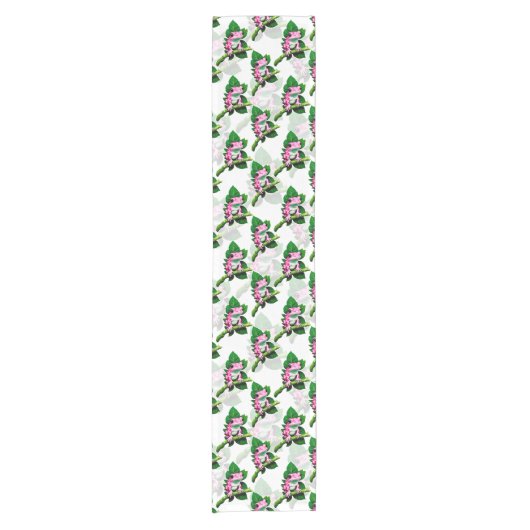 Pink Frog On Green Leaf Pattern Design ショートテーブルランナー (正面)