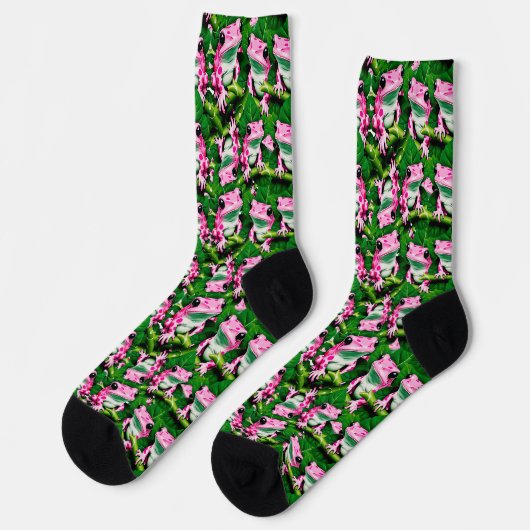 Pink Frog On Green Leaf Pattern Design  ソックス (左)