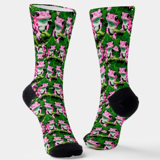 Pink Frog On Green Leaf Pattern Design  ソックス