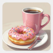 Pink Frosted Donut and Coffee スクエアシール (正面)