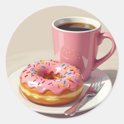 Pink Frosted Donut and Coffee  ラウンドシール (正面)