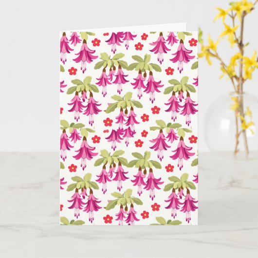 Pink Fuchsia Floral Pattern – Retro Botanical カード (黄色い花)