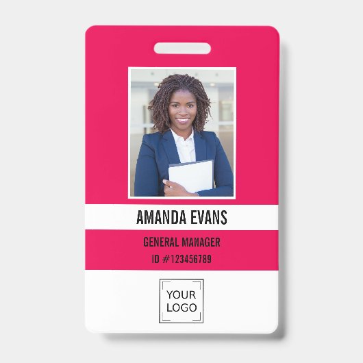 Pink Fuchsia Photo Employee Logo QR CODE Security バッジ (正面)