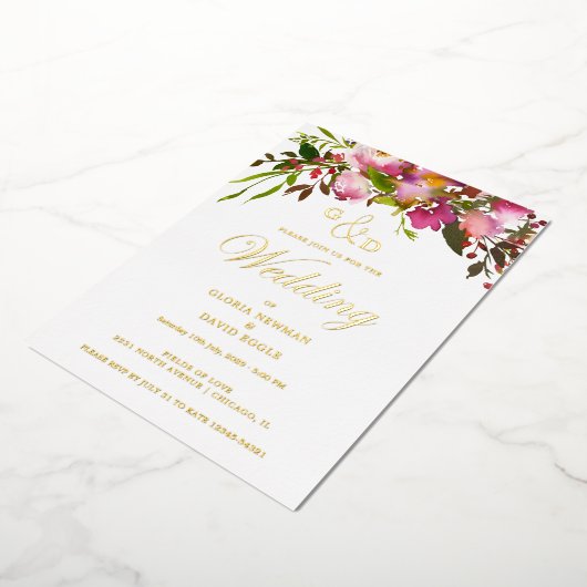 Pink Fuchsia  Wedding   Real Gold Foil Invitation 箔招待状 (回転した状態)