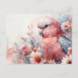 Pink Galah Cockatoo Floral Watercolor ポストカード