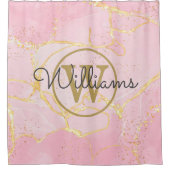 Pink Geode Agate金ゴールドモノグラムスクリプト名 シャワーカーテン (正面)