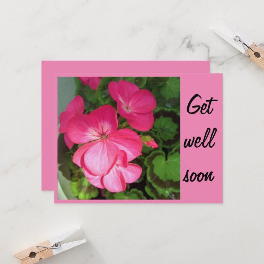 Pink Geranium Photo Get Well Soon カード (正面/裏面インサイチュ)