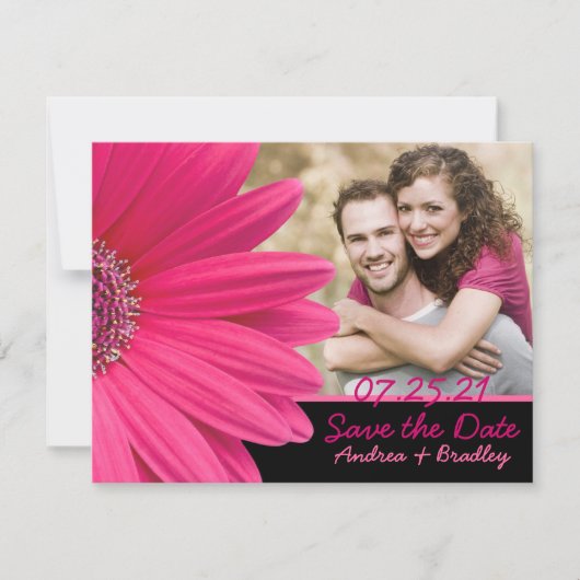 Pink Gerbera Black Photo Save the Date Card セーブザデート (正面)