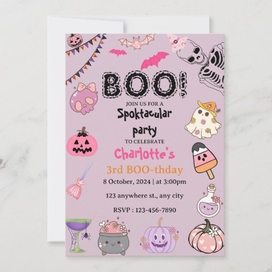Pink Ghost Halloween Spooky Birthday Party 招待状 (正面)